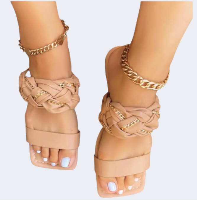 [CARDI-6]Woman braid straps with golden chain flat sandals