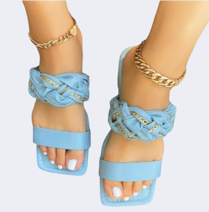 [CARDI-6]Woman braid straps with golden chain flat sandals